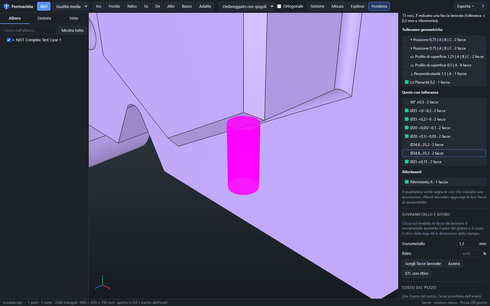 Tolerances read from the STEP AP242 file, with the faces of a dimension highlighted