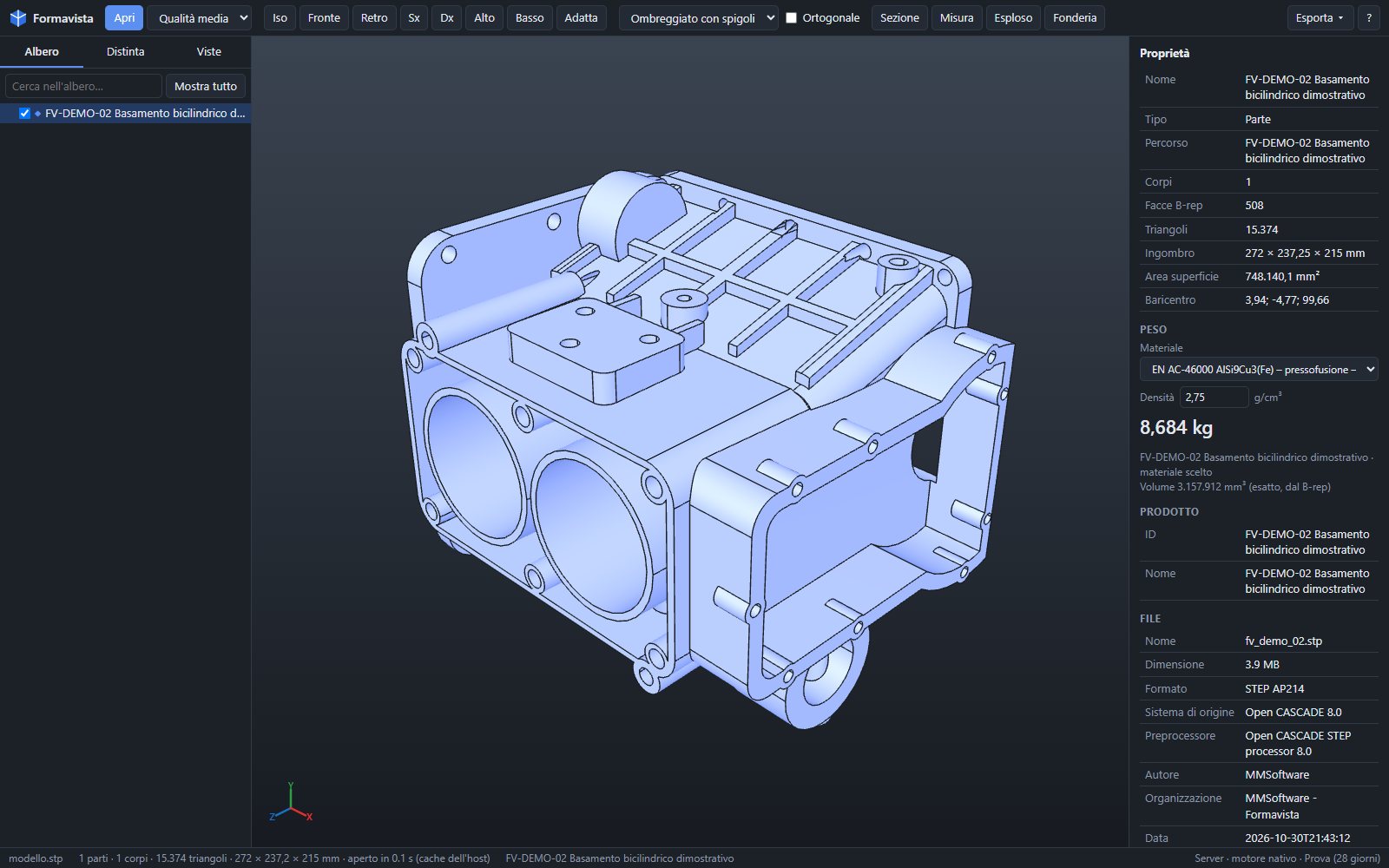 Formavista with a model open: assembly tree, 3D view and part properties